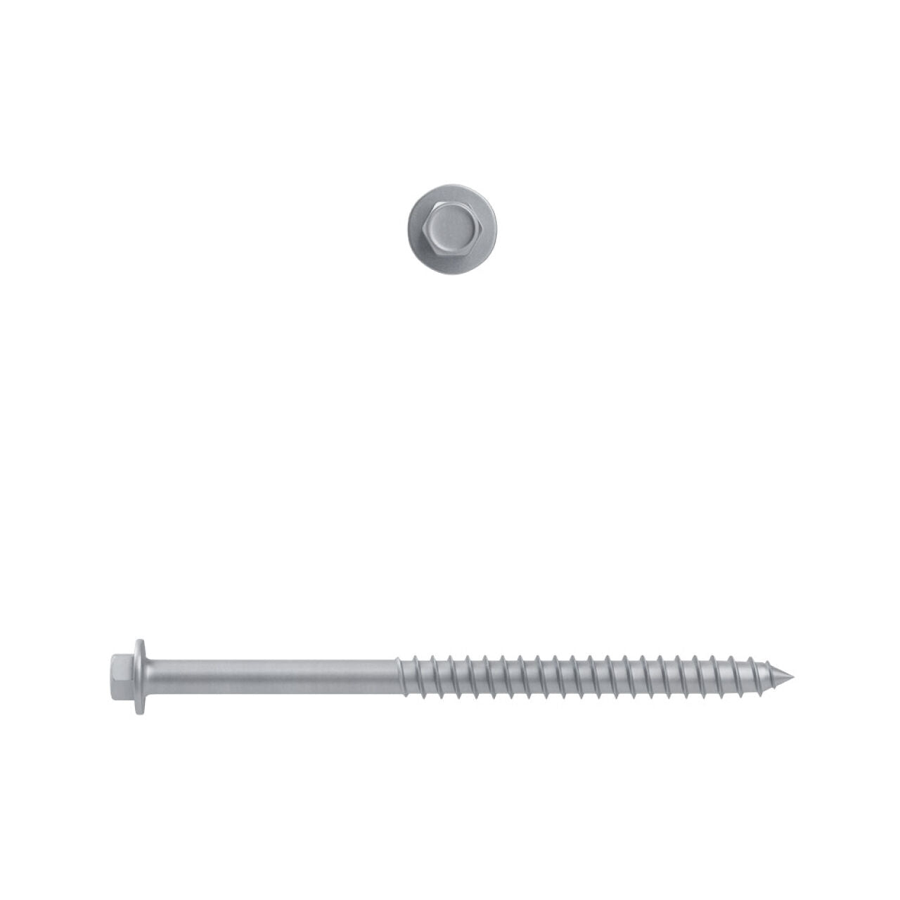 The Go Build 1/4 in. x 3-5/8 in. External Hex Head Ledger Board Fastener (12/Pack) is shown from the top, highlighting its hex washer head, and from the side to display its threaded shaft and pointed tip, all on a plain white background.